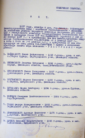 Акт розстрілу в м. Вінниця 09.12.1937