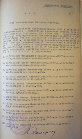 Акт розстрілу в м. Вінниця 27.02.1938 р.