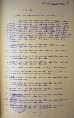 Акт розстрілу в м. Вінниця 17.02.1938 р.