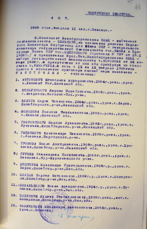 Акт розстрілу в м. Вінниця 12.02.1938