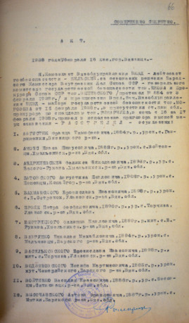 Акт розстрілу в м. Вінниця 17.02.1938 р.